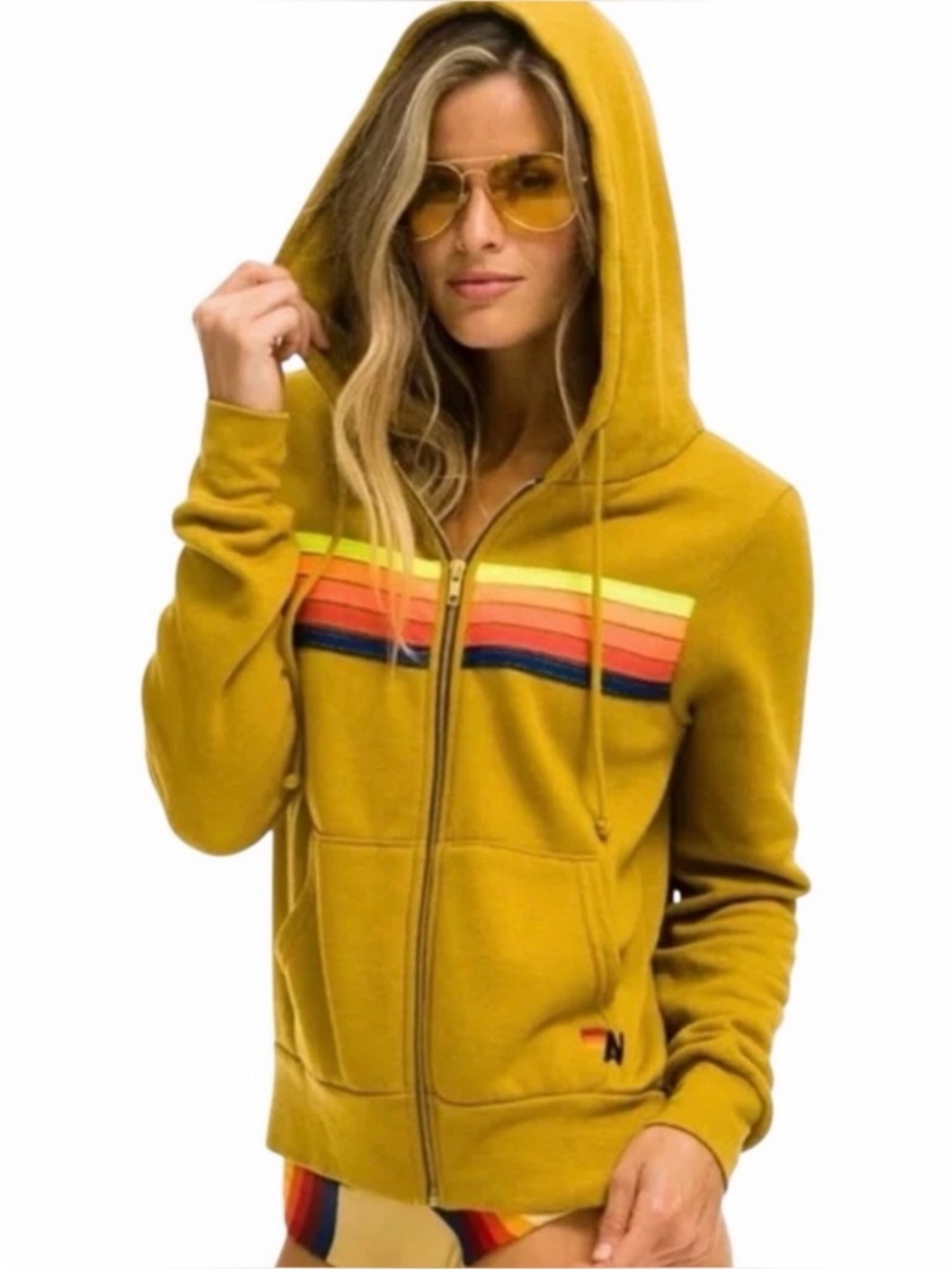 Aviator Nation 5 Striped Hoodie Sz L Mustard Yellow Full Zip Pockets Jacket